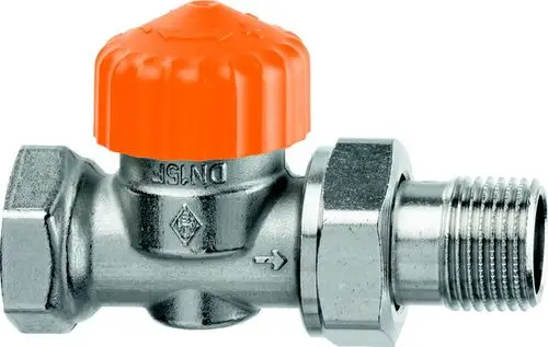 Thermostatventilunterteil mit orangefarbenem Griff, verchromt, zur Verwendung in Heizungsanlagen, hergestellt von IMI Hydronic Engineering.